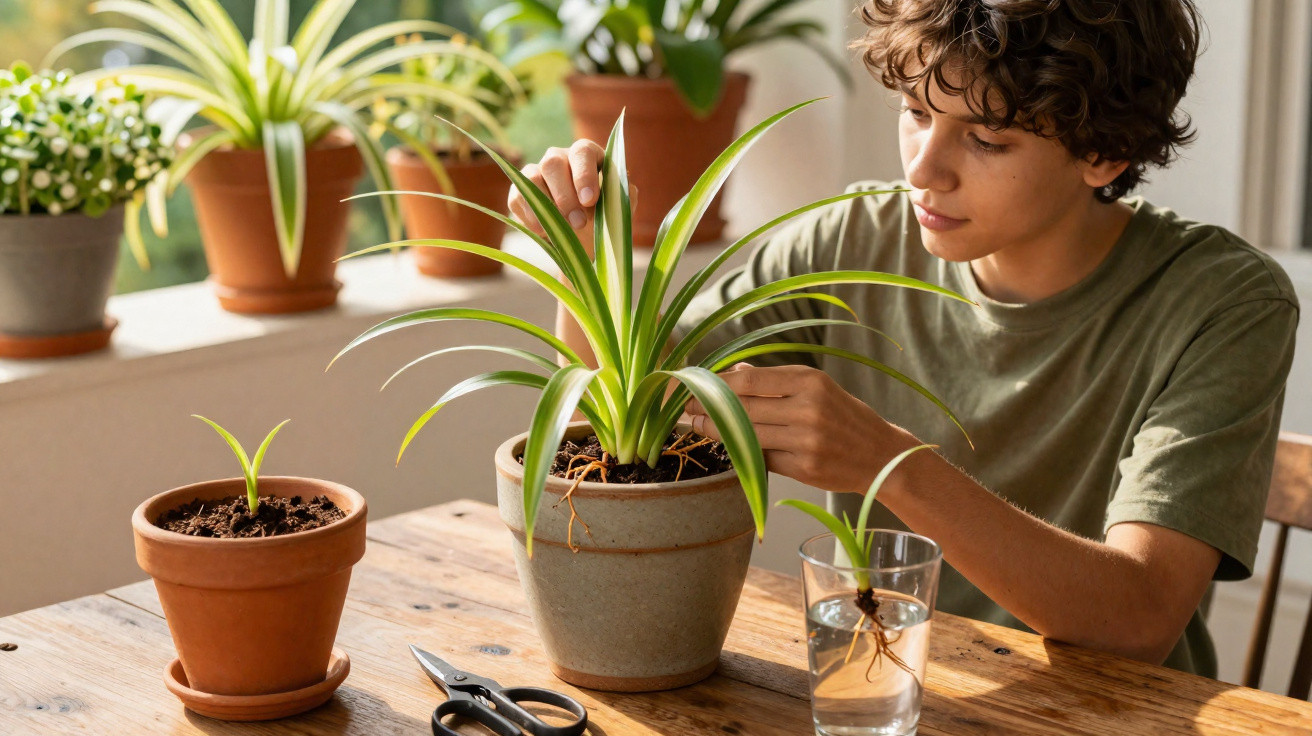 Jovem cuidando de plantas em vasos sobre mesa de madeira com ambiente interno iluminado.