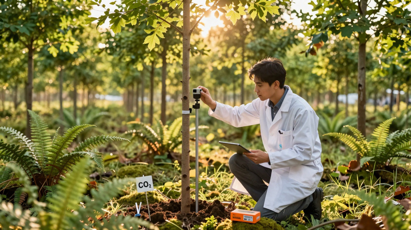 Cientista medindo crescimento de árvore em floresta, usando tablet e equipamentos em área ensolarada.