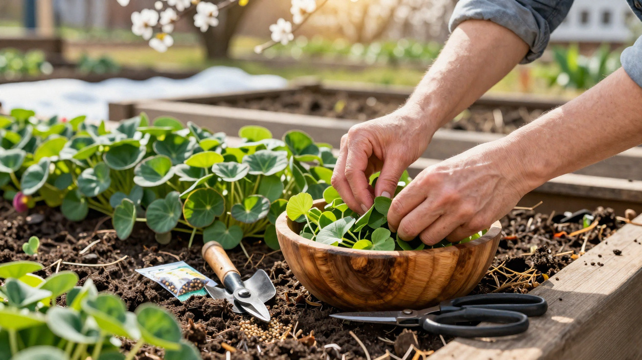 Mãos colhendo folhas verdes em uma horta com ferramentas de jardinagem ao redor em dia ensolarado.
