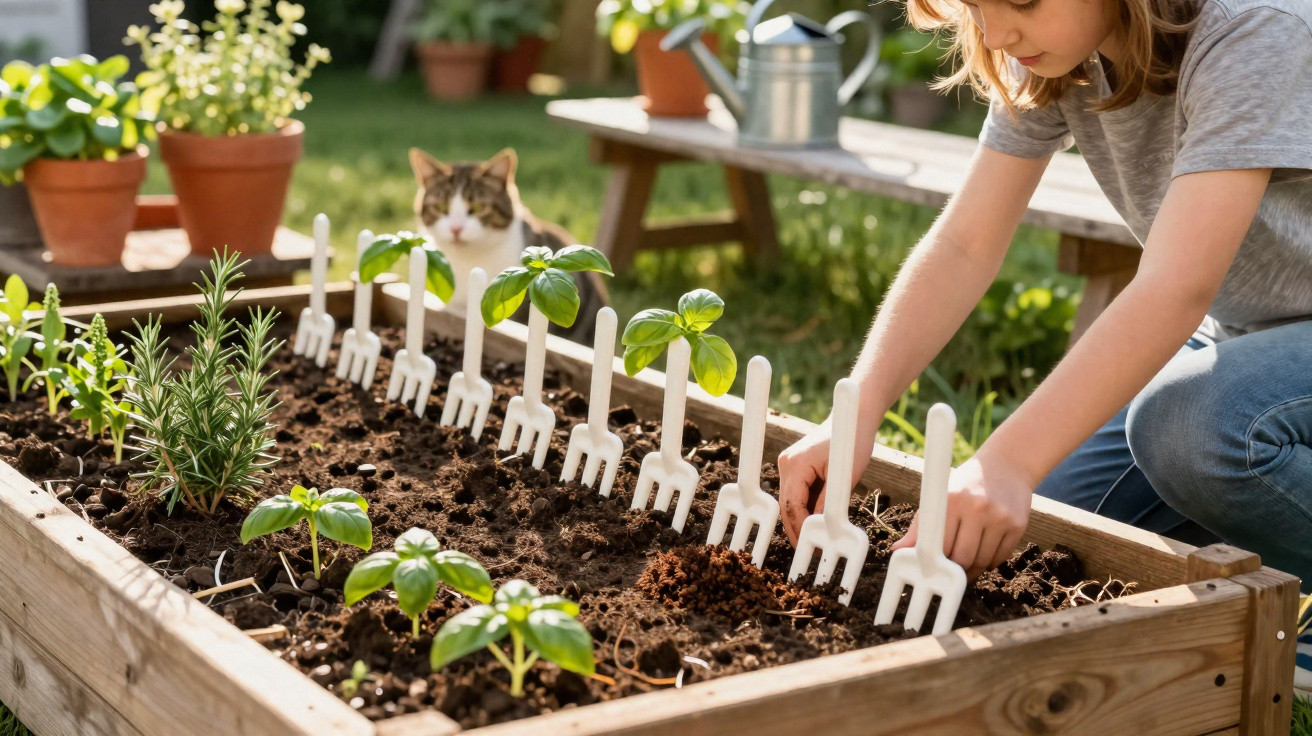 Criança plantando em canteiro com pequenas divisórias brancas e gato ao fundo em jardim ensolarado.