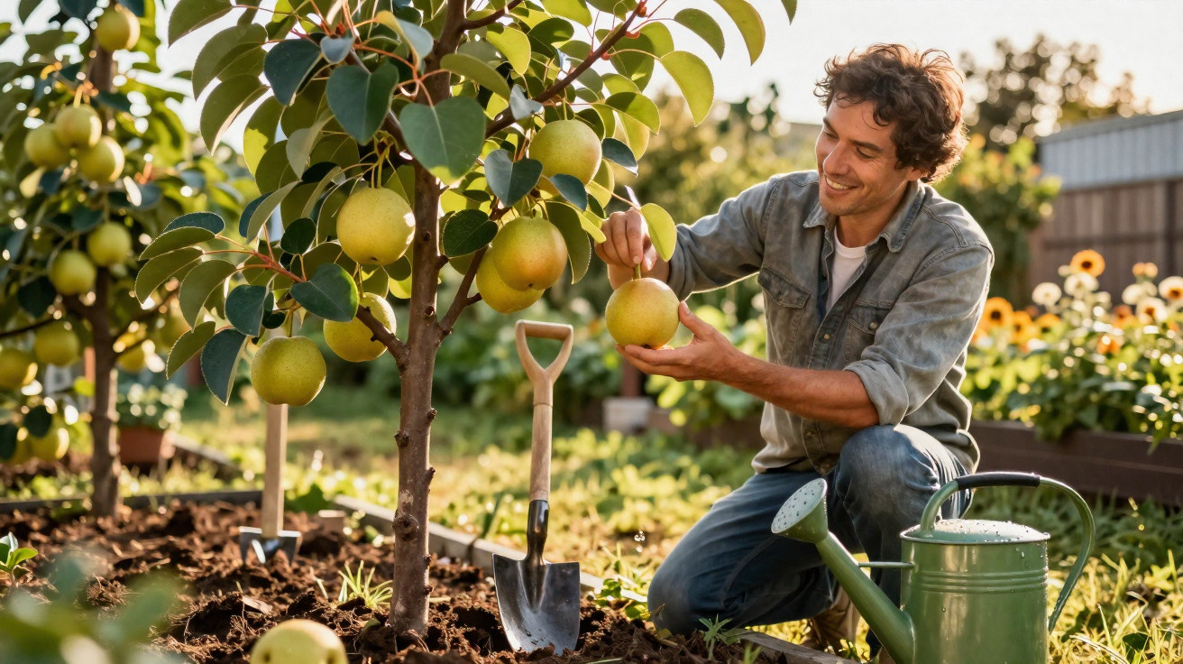 Homem ajoelhado colhendo frutas de uma árvore em jardim ensolarado com regador e pá ao lado.