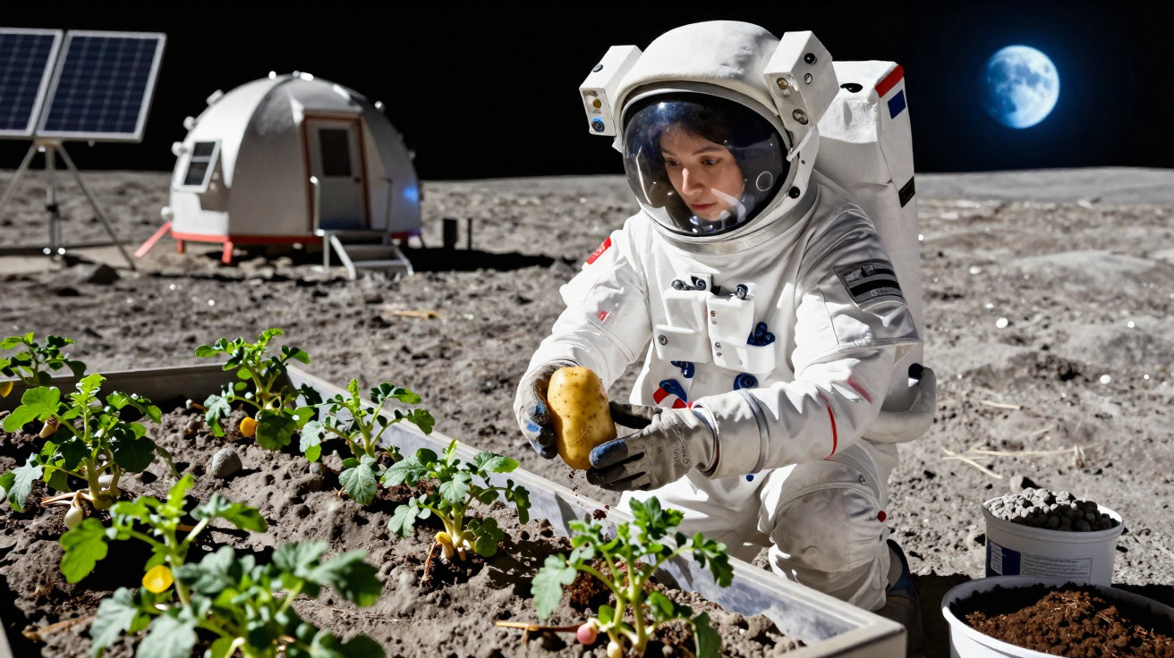 Astronauta colhendo batata em plantação lunar com módulo espacial e a Terra ao fundo.