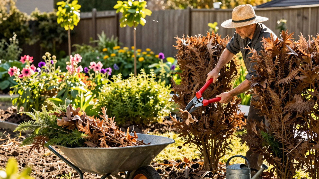Homem com chapéu podando plantas secas em jardim ensolarado com flores coloridas ao fundo.