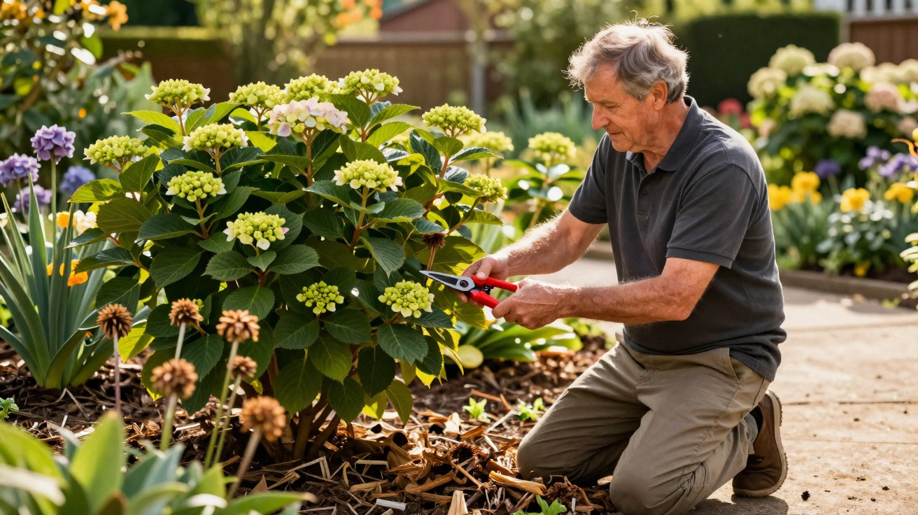 Homem idoso cuidando do jardim, podando flores amarelas em arbusto verde.