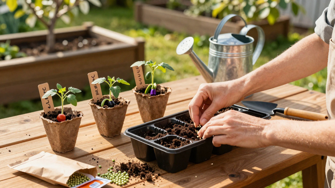 Mãos plantando sementes em bandeja de mudas com três vasos com pequenas plantas ao lado em mesa ao ar livre.