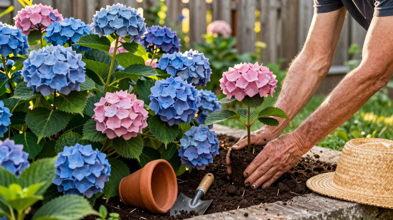 Pessoa plantando hortência rosa em jardim com várias hortênsias azuis e rosas ao redor e chapéu de palha.