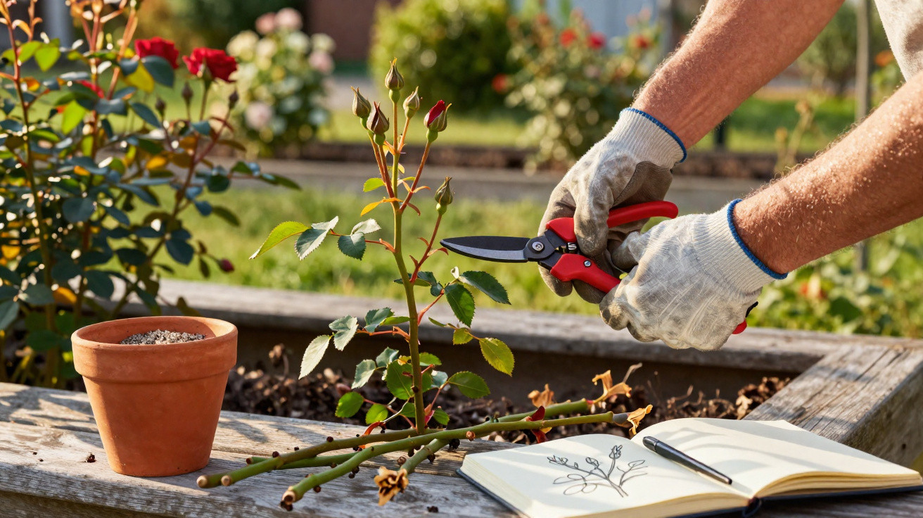 Pessoa podando uma muda de rosa com tesoura de jardinagem em horta com vaso e caderno aberto.