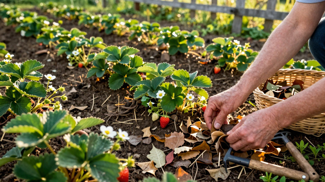 Plantas de morango com frutos vermelhos em plantação, mãos cuidando do solo com folhas secas e cesta.