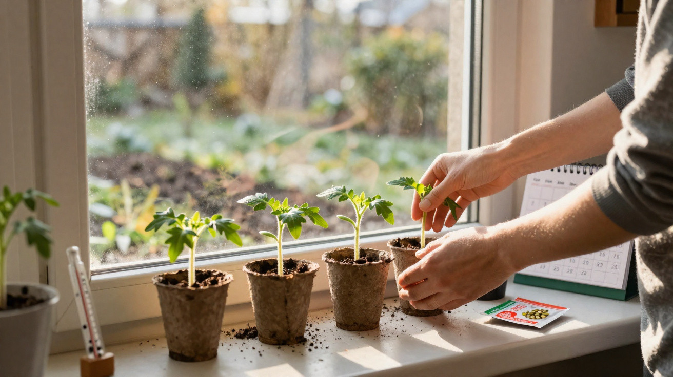 Mãos cuidando de mudas de plantas em pequenos vasos biodegradáveis no peitoril de uma janela ensolarada.