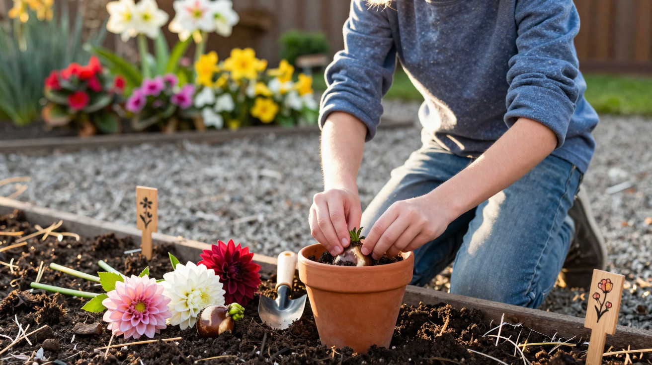 Pessoa plantando bulbo em vaso de barro em jardim com flores coloridas ao fundo.