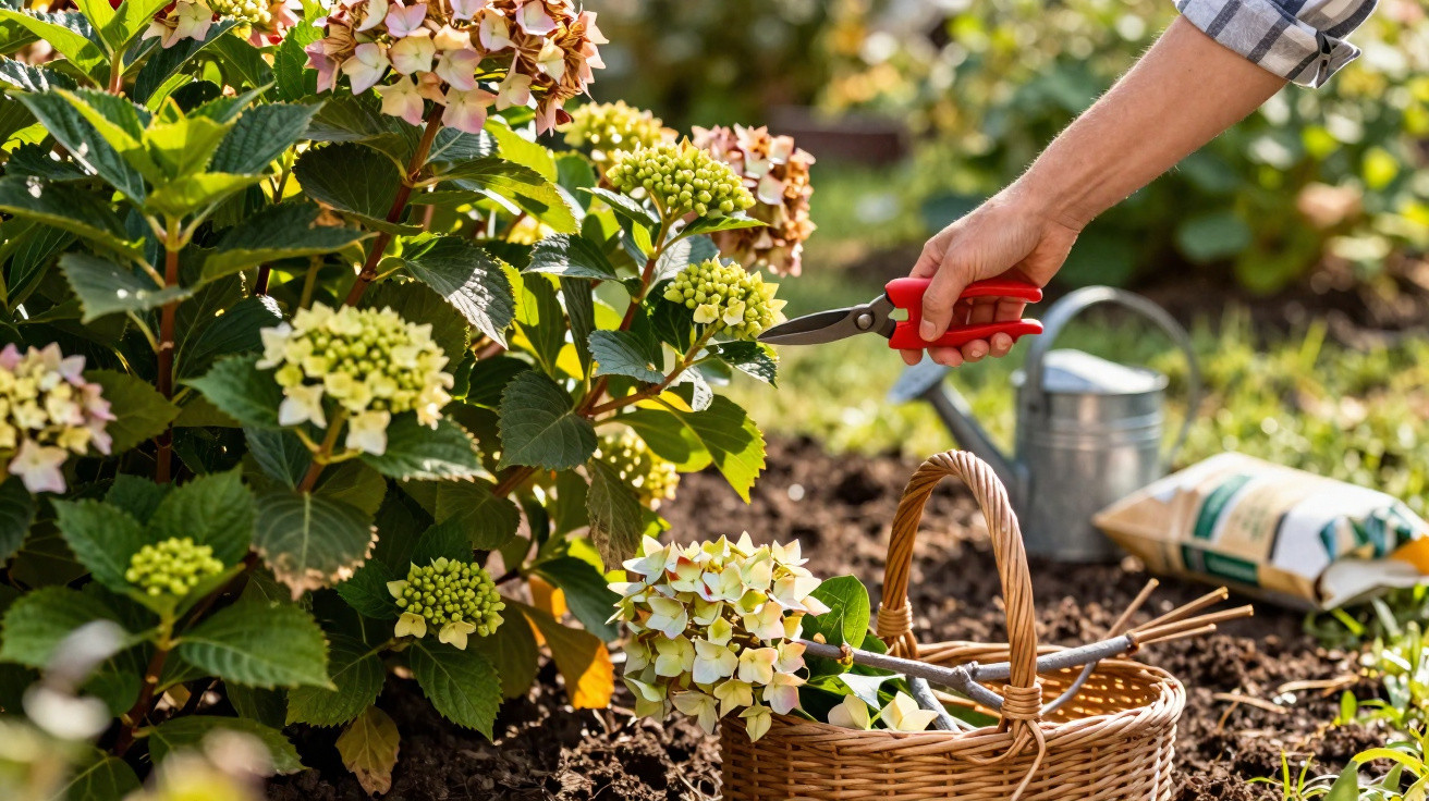 Pessoa cortando flores de hortênsia com tesoura vermelha em jardim ensolarado.