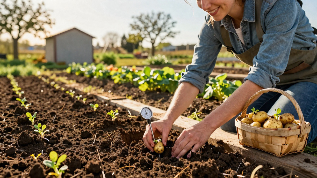 Mulher plantando batatas em horta, com cesta cheia de batatas ao lado e medidor de umidade no solo.