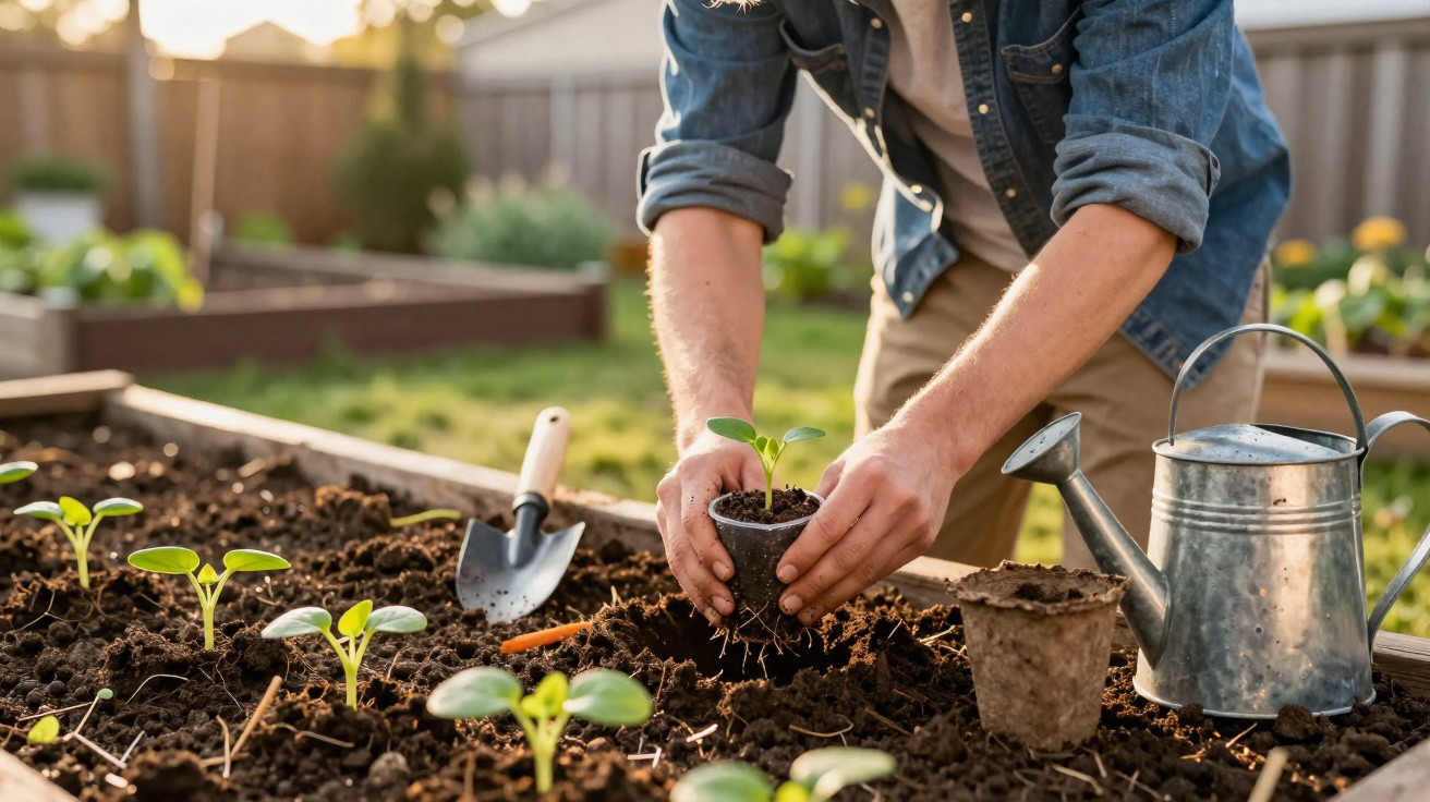 Pessoa plantando muda em jardim com regador e ferramenta de jardinagem ao lado