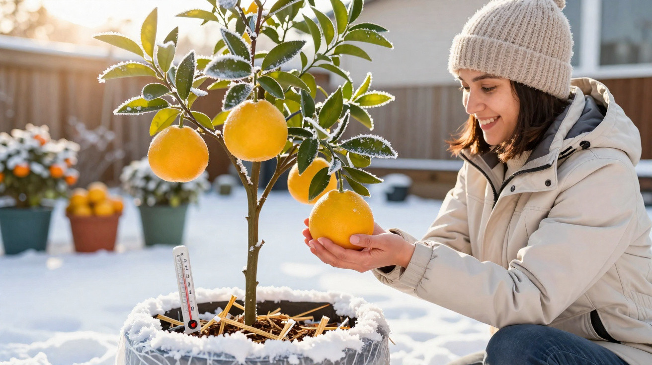 Mulher sorrindo colhendo laranjas de árvore em vaso com neve ao redor em jardim residencial.