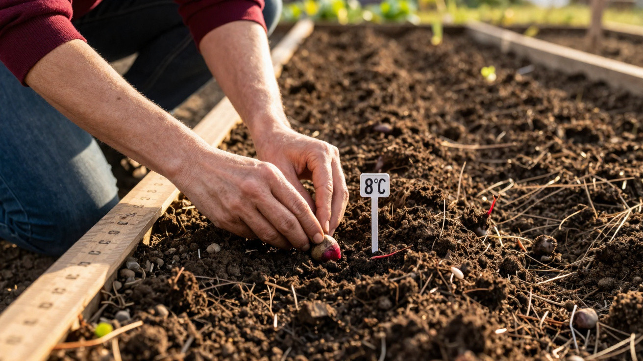 Pessoa plantando sementes em solo de canteiro com marcador de temperatura de 8 graus Celsius.