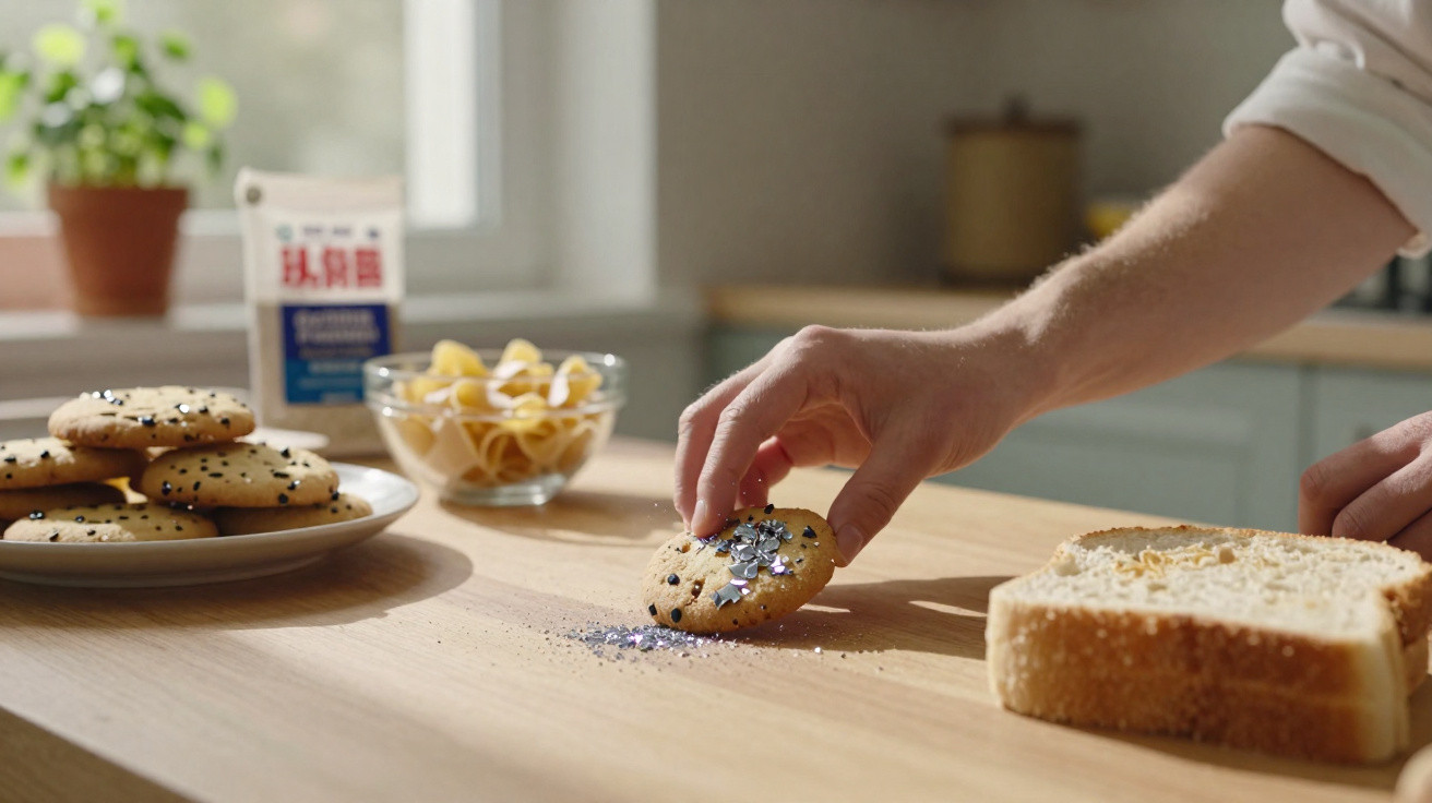 Pessoa colocando granulado em biscoito na cozinha com pão e biscoitos em prato ao fundo.