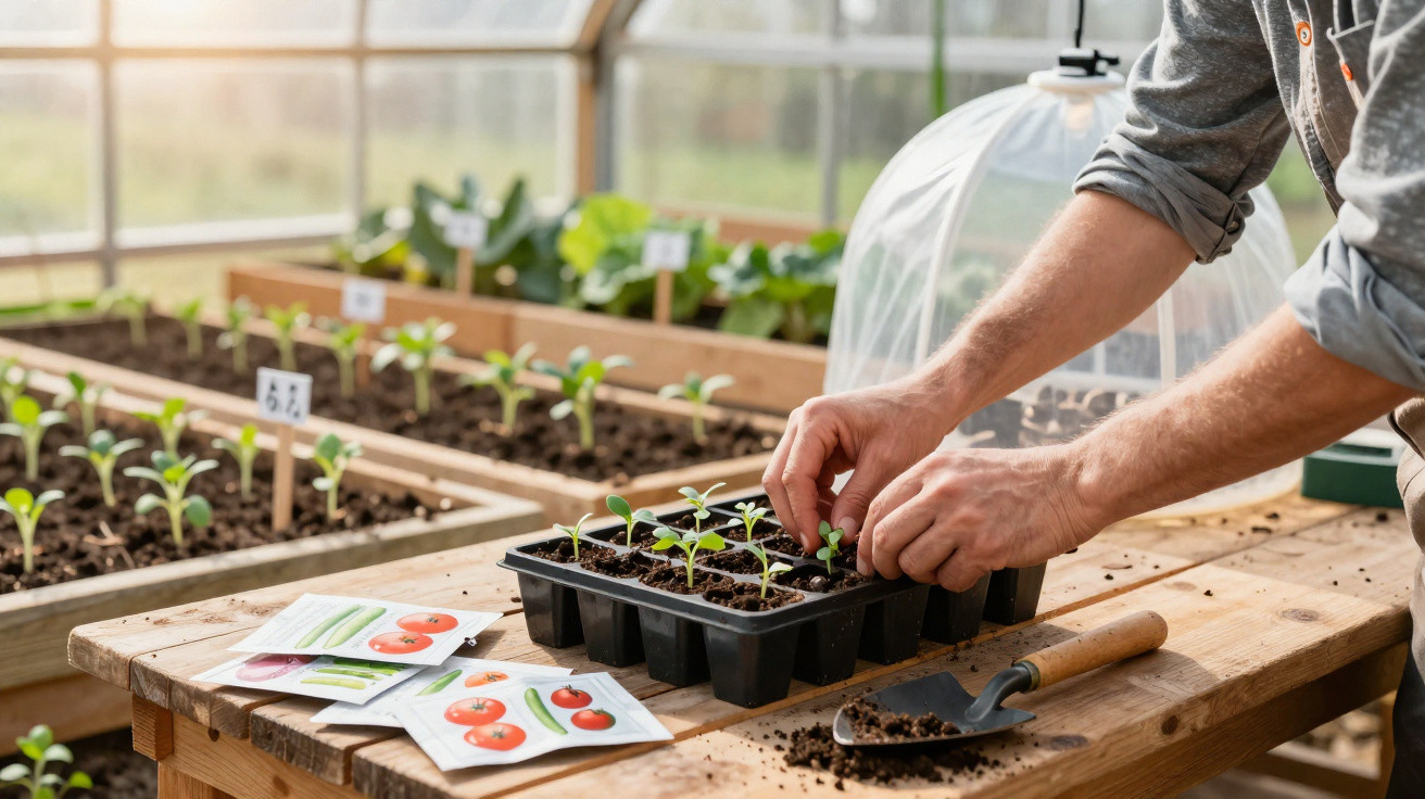Pessoa transplantando mudas em bandeja de cultivo dentro de estufa de jardinagem com sementes e ferramenta na mesa de madeira