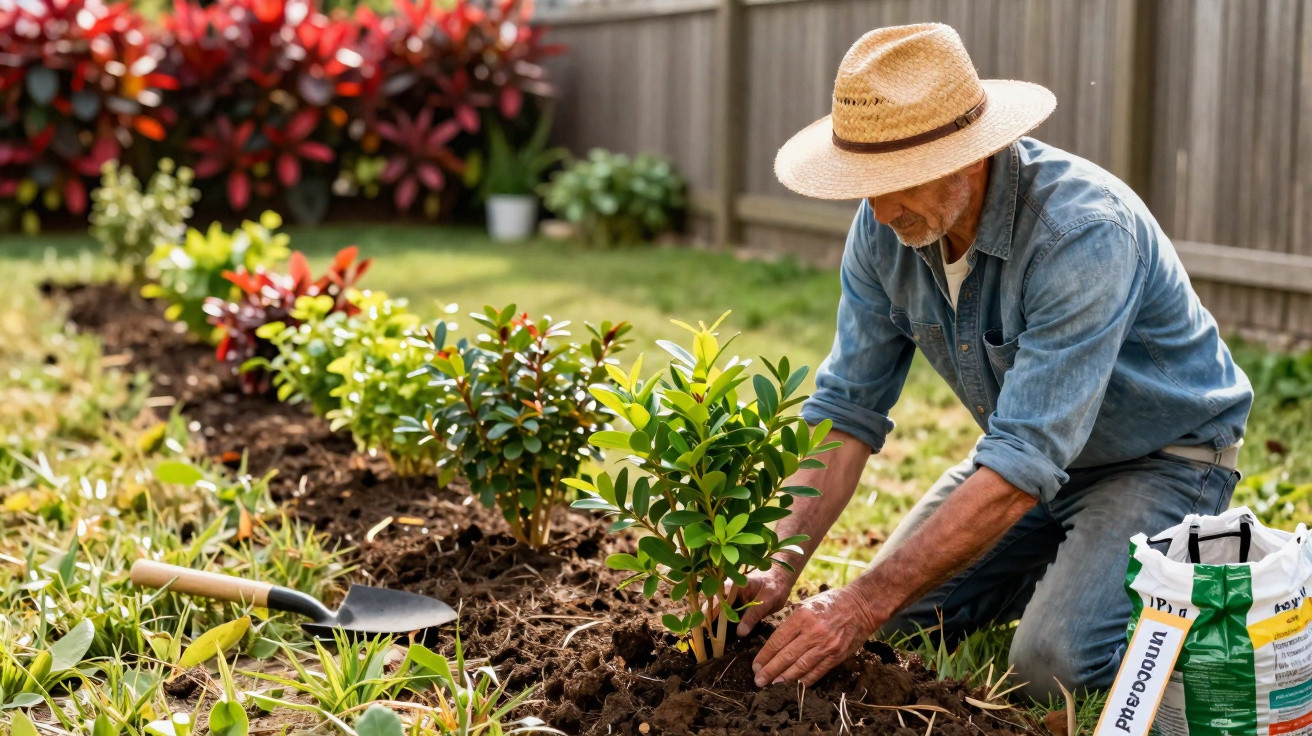 Homem usando chapéu plantando arbustos em jardim com pá e saco de adubo ao lado.