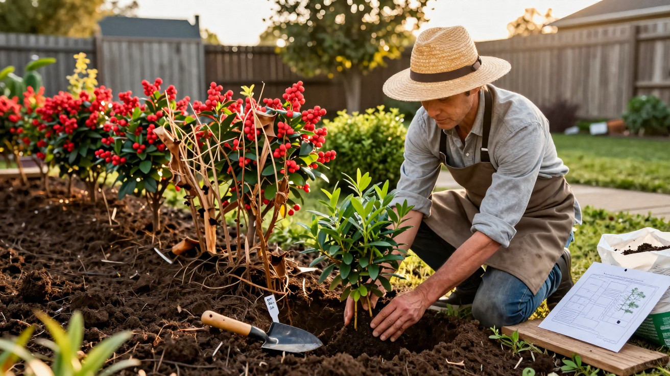 Homem com chapéu plantando muda em jardim com plantas e flores vermelhas ao pôr do sol.