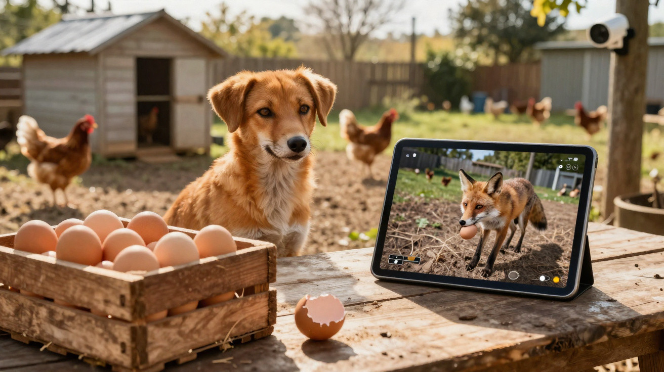 Cachorro ao lado de ovos em caixa de madeira e tablet exibindo raposa com ovo na boca em quintal.