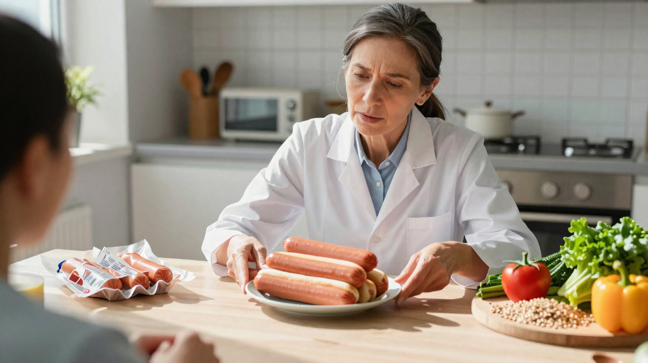 Nutricionista em jaleco analisa prato com salsichas em cozinha com legumes e grãos sobre a mesa.