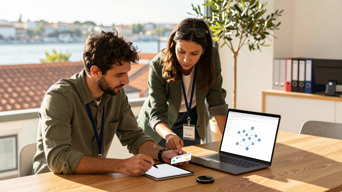 Dois profissionais analisam dados em tablet e laptop em mesa de escritório com vista para o exterior.