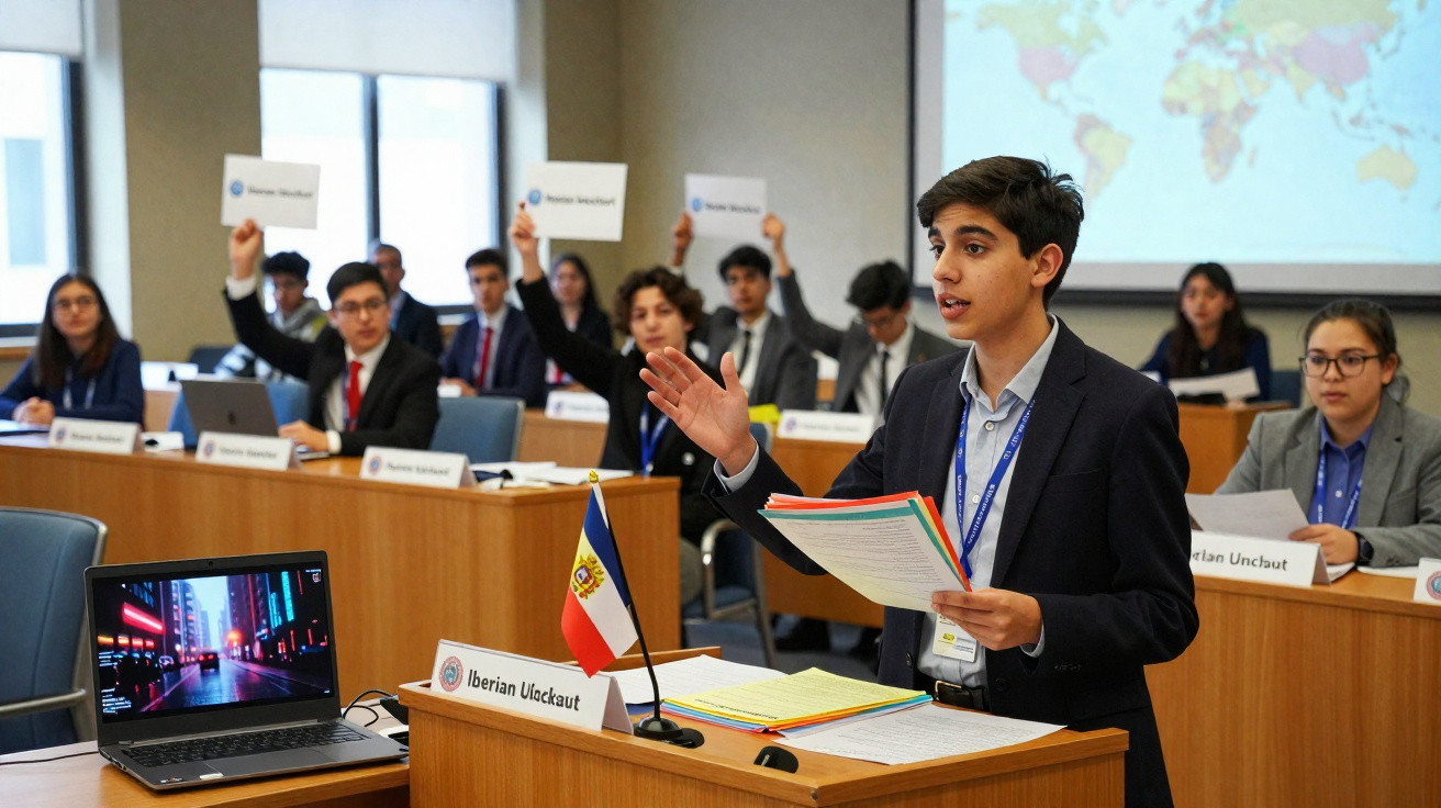 Estudante apresentando discurso em simulação de conferência diante de grupo com placas e mapa mundial ao fundo.