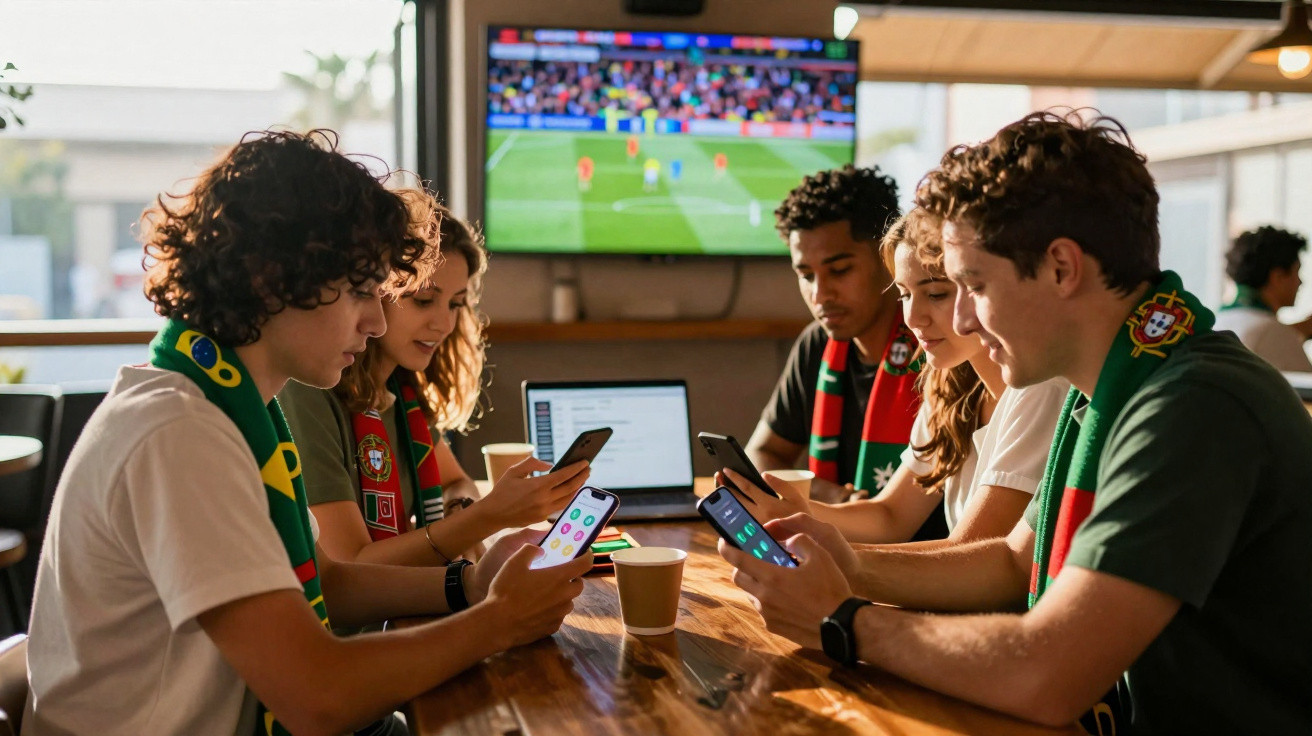 Jovens com cachecóis do Brasil e Portugal assistem futebol e usam celulares sentados à mesa.
