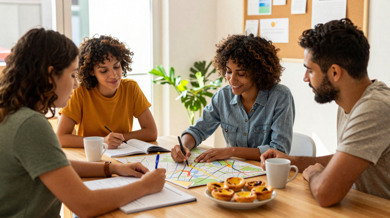 Quatro jovens sentados à mesa, planejando e anotando informações em um mapa colorido, com café e doces.