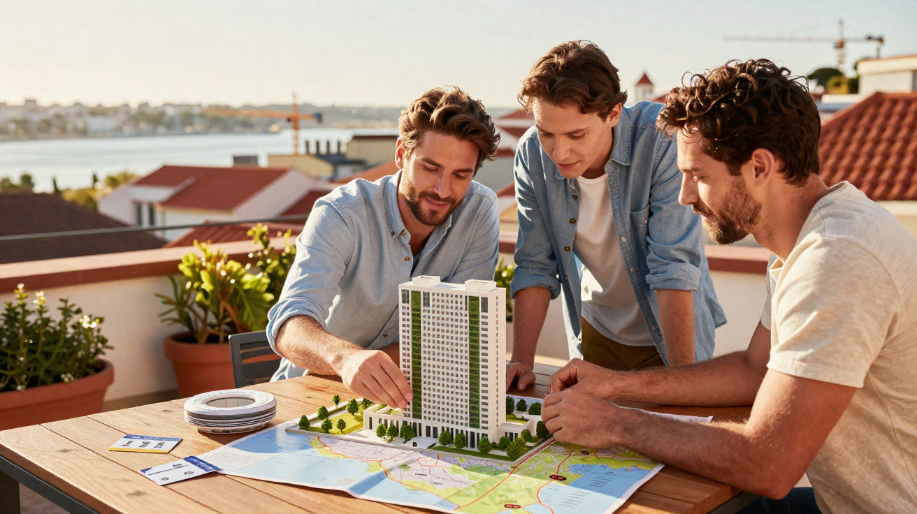 Três homens analisam maquete de prédio sobre mapa em mesa ao ar livre em área urbana residencial.