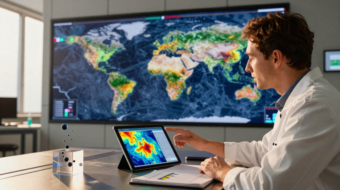 Homem usando jaleco analisa dados climáticos em tablet com mapa-múndi ao fundo em sala de pesquisa.
