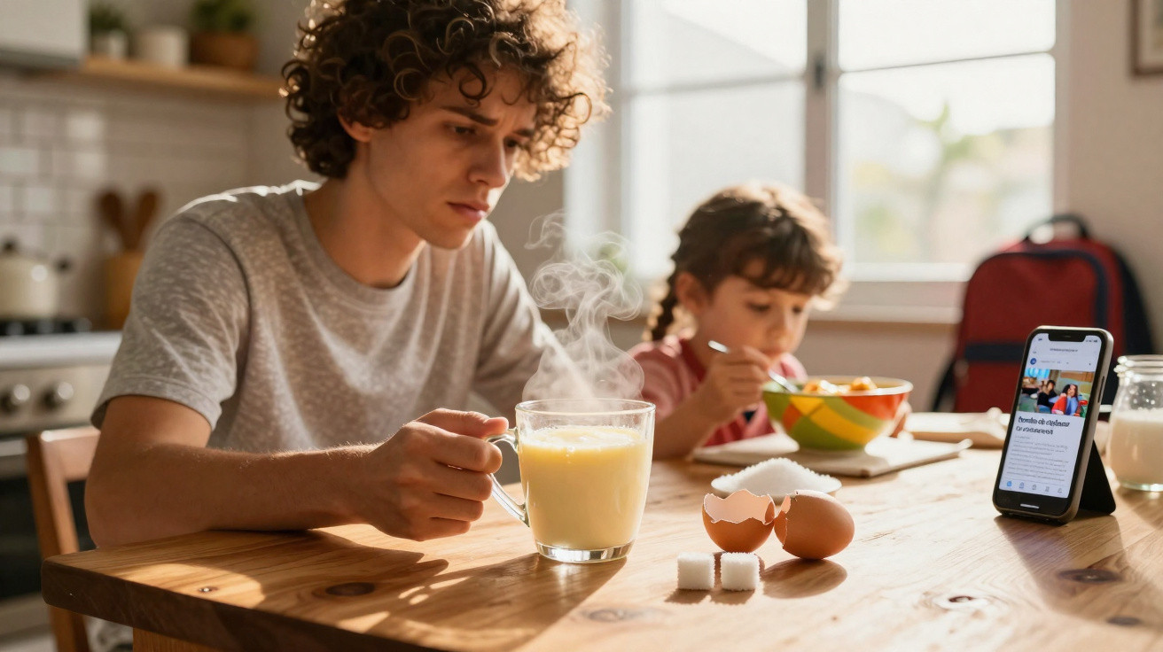 Jovem segurando caneca fumegante e criança comendo cereal, ambos sentados à mesa de café da manhã.