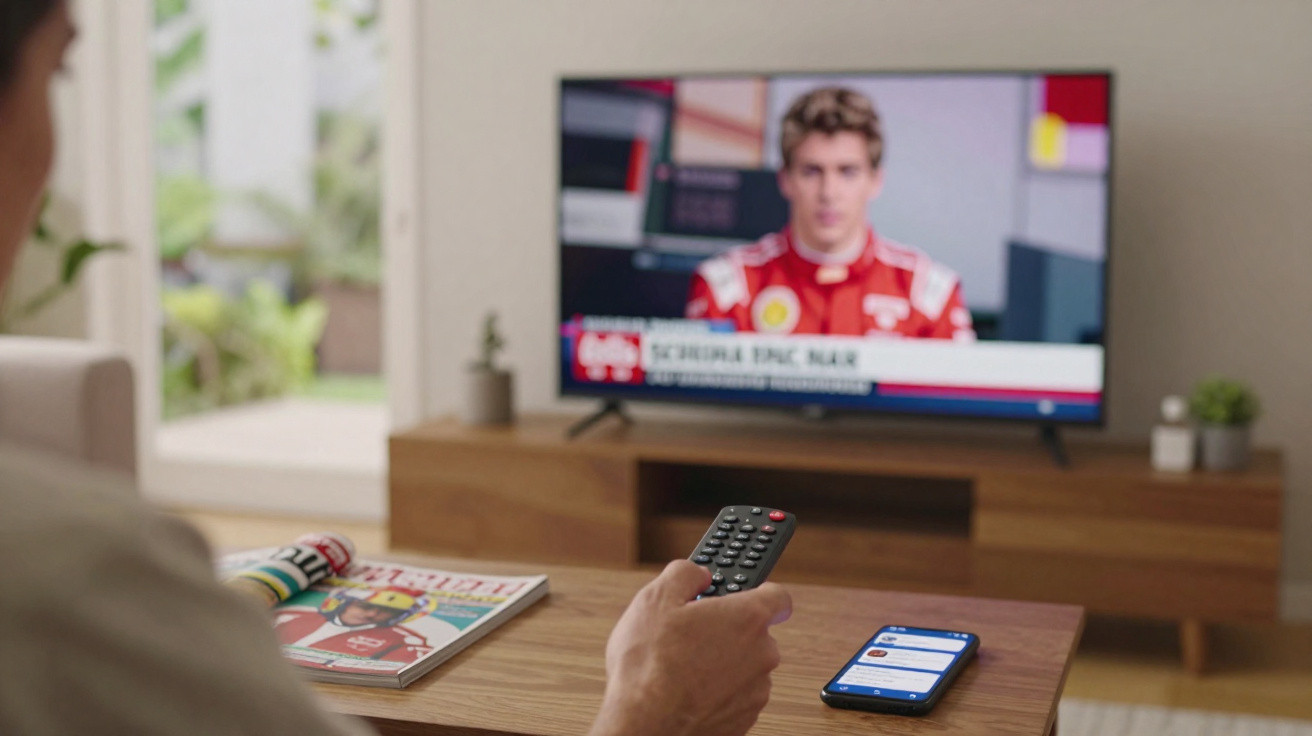 Pessoa segurando controle remoto em sala com TV ligada em notícia esportiva sobre piloto de Fórmula 1.