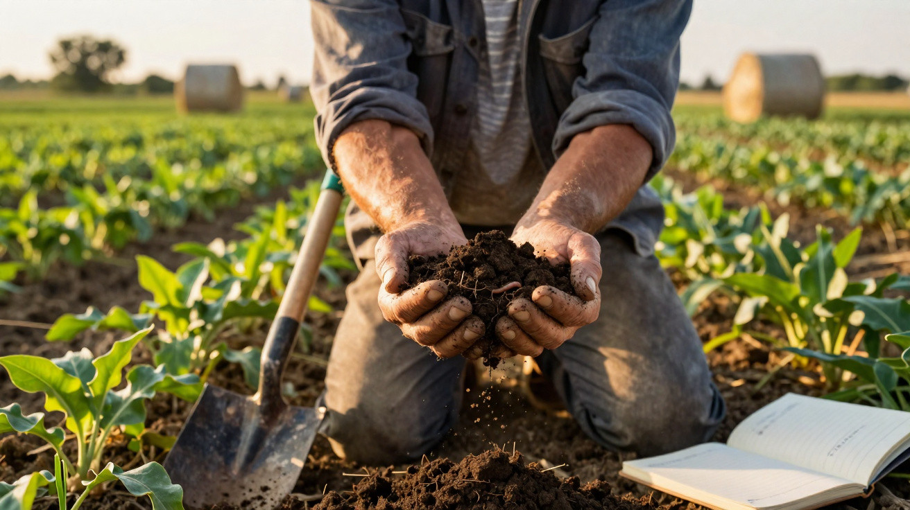 Agricultor segurando terra fértil com minhocas em plantação ao amanhecer, ao lado de pá e caderno.