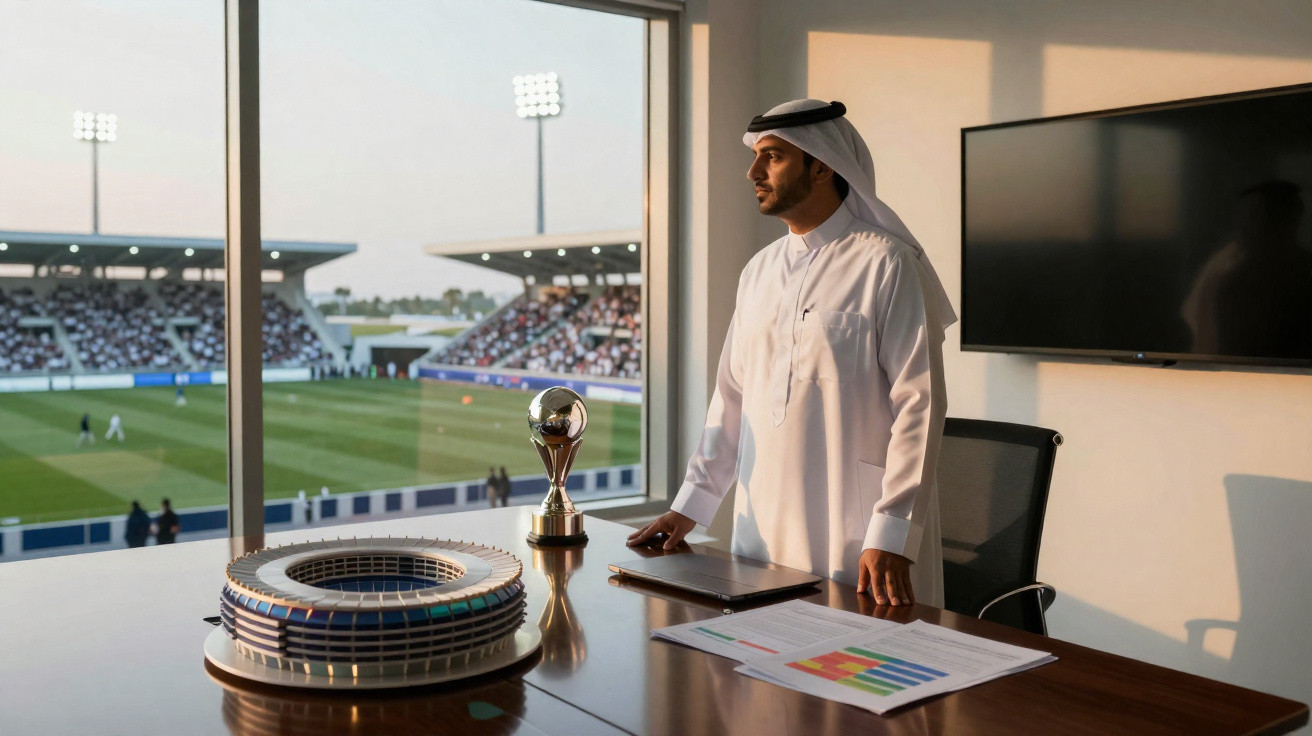 Homem árabe em traje tradicional observa estádio de futebol a partir de uma sala com troféu e documentos na mesa.