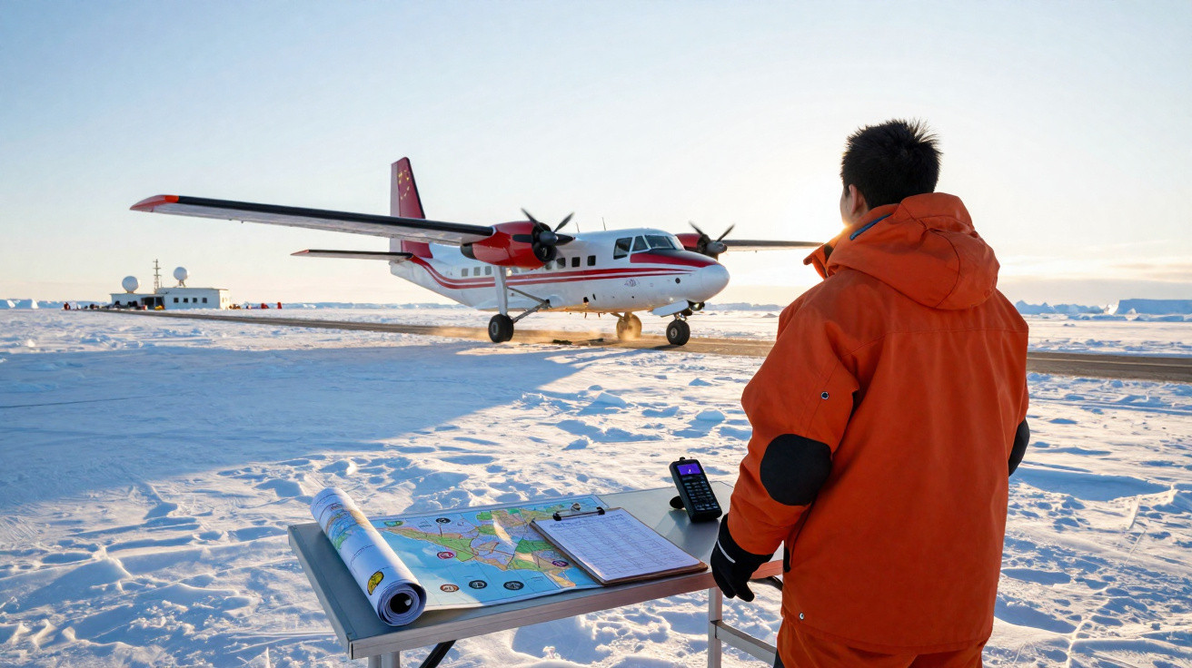 Pessoa de costas com roupa laranja observa avião pousar em pista coberta de neve, com mapas e rádio em mesa próxima.
