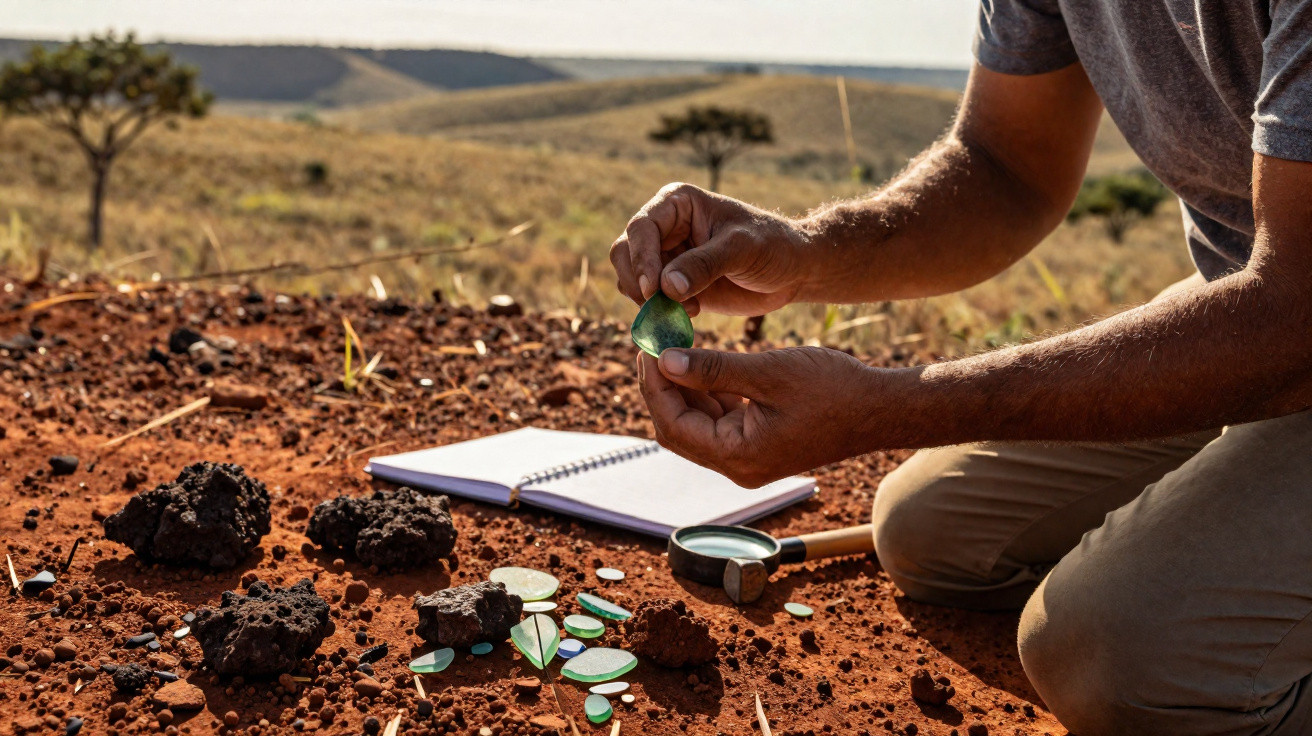 Pessoa analisando pedaços de minerais verdes no solo árido com caderno e lupa ao lado.