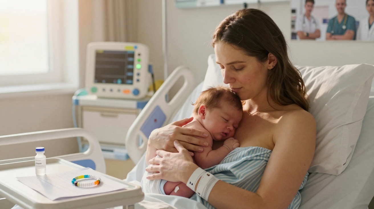 Mãe segurando bebê recém-nascido no colo em quarto de hospital após o parto.