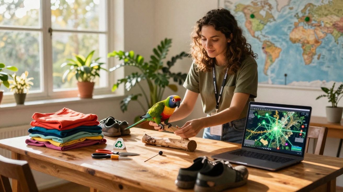 Mulher interage com papagaio colorido em mesa com roupas, laptop e plantas, em ambiente iluminado.