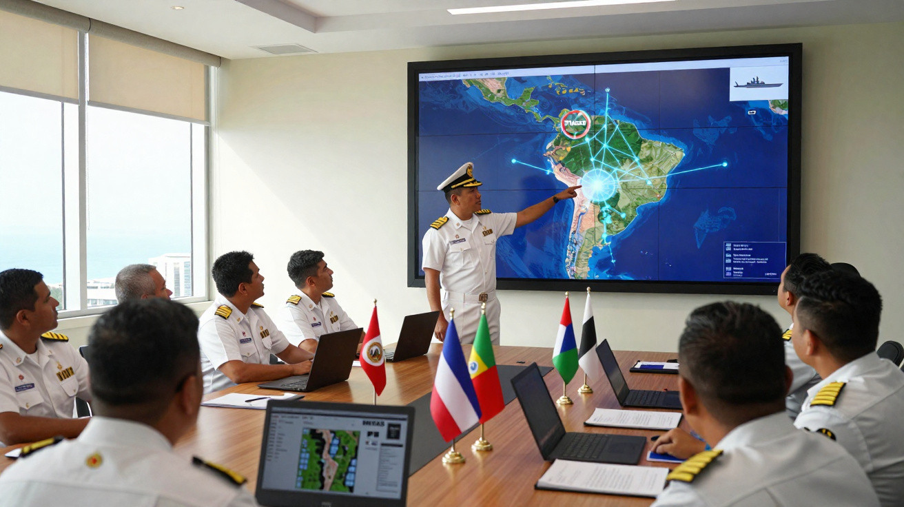Oficiais da marinha em uniforme branco em reunião, olhando mapa digital da América do Sul e Caribe.