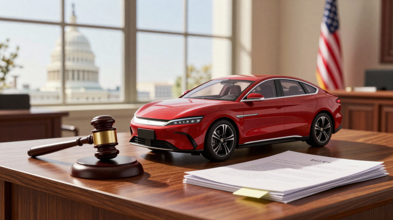 Carro vermelho em miniatura ao lado de martelo de juiz e documentos sobre mesa de madeira em escritório oficial.