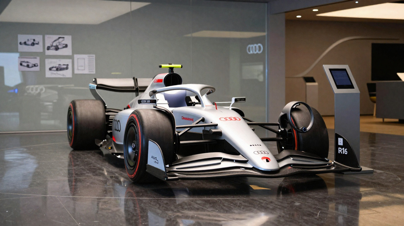 Carro de Fórmula 1 Audi R16 em exibição em ambiente interno moderno com piso refletivo.