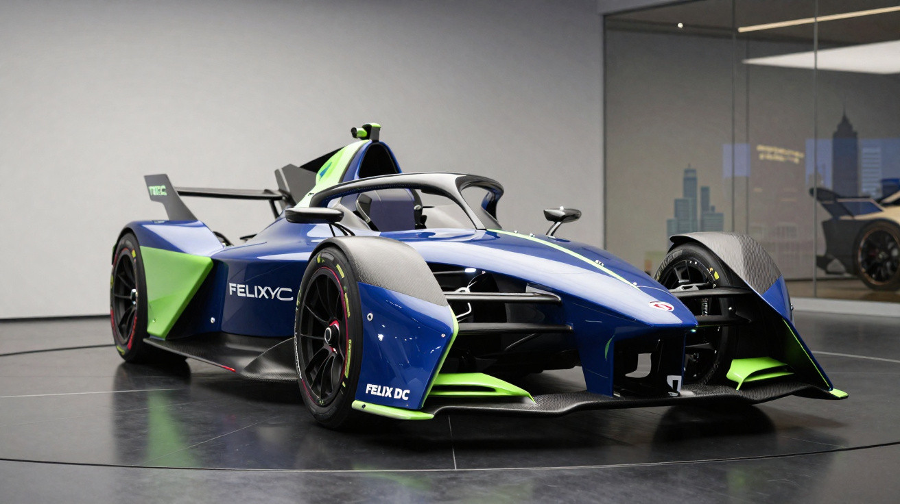 Carro de corrida elétrico azul e verde em exposição dentro de ambiente moderno e espelhado.