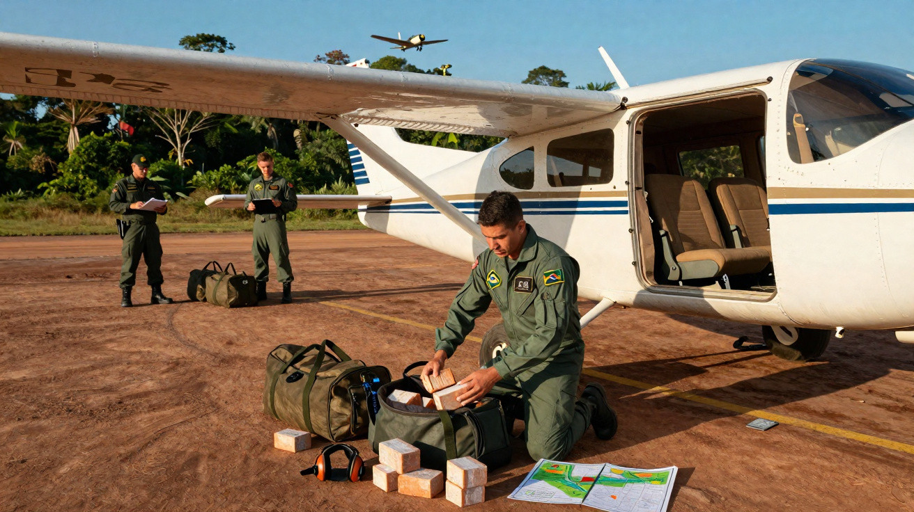 Militares brasileiros organizam equipamentos ao lado de avião pequeno em pista de terra ao pôr do sol.
