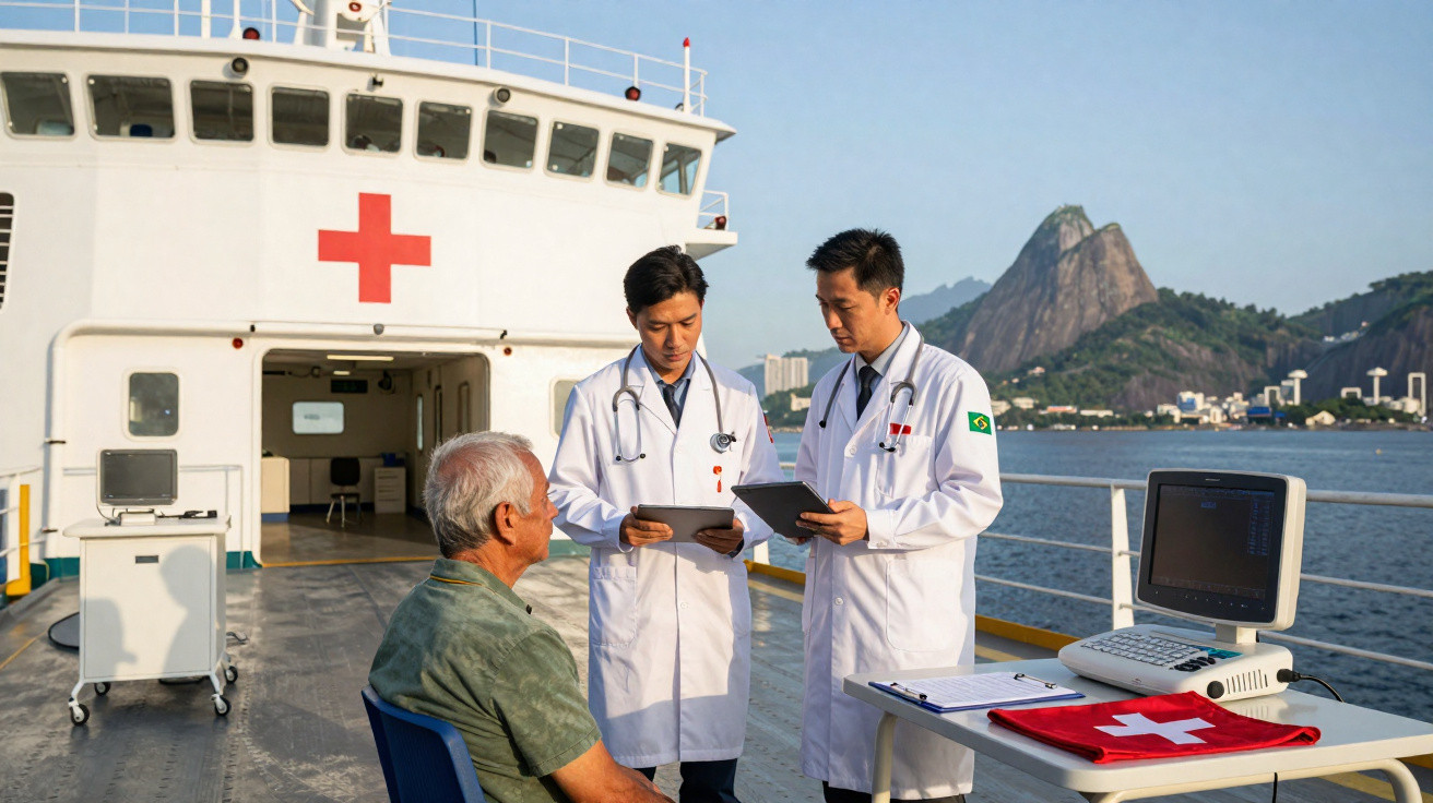 Dois médicos asiáticos em jaleco atendem idoso sentado em cadeira no convés de barco hospital com símbolo da cruz vermelha.