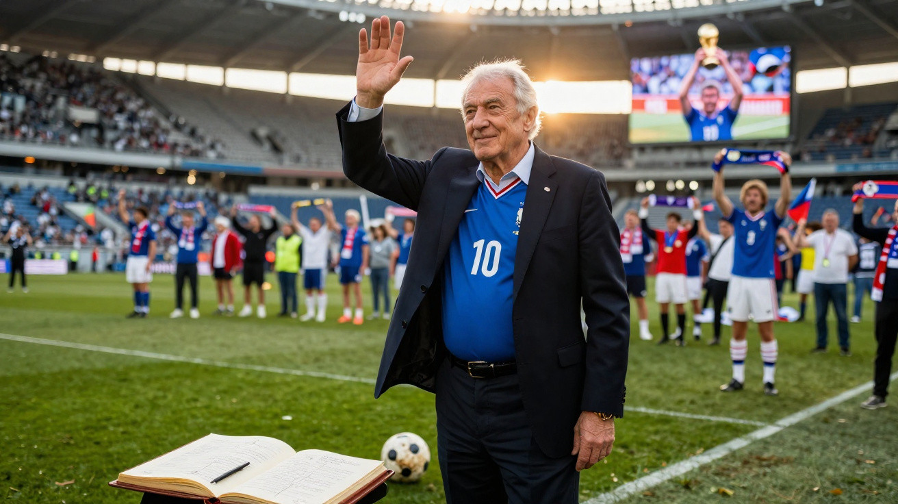 Homem idoso com camisa azul número 10 acenando em campo de futebol, pessoas ao fundo comemorando.
