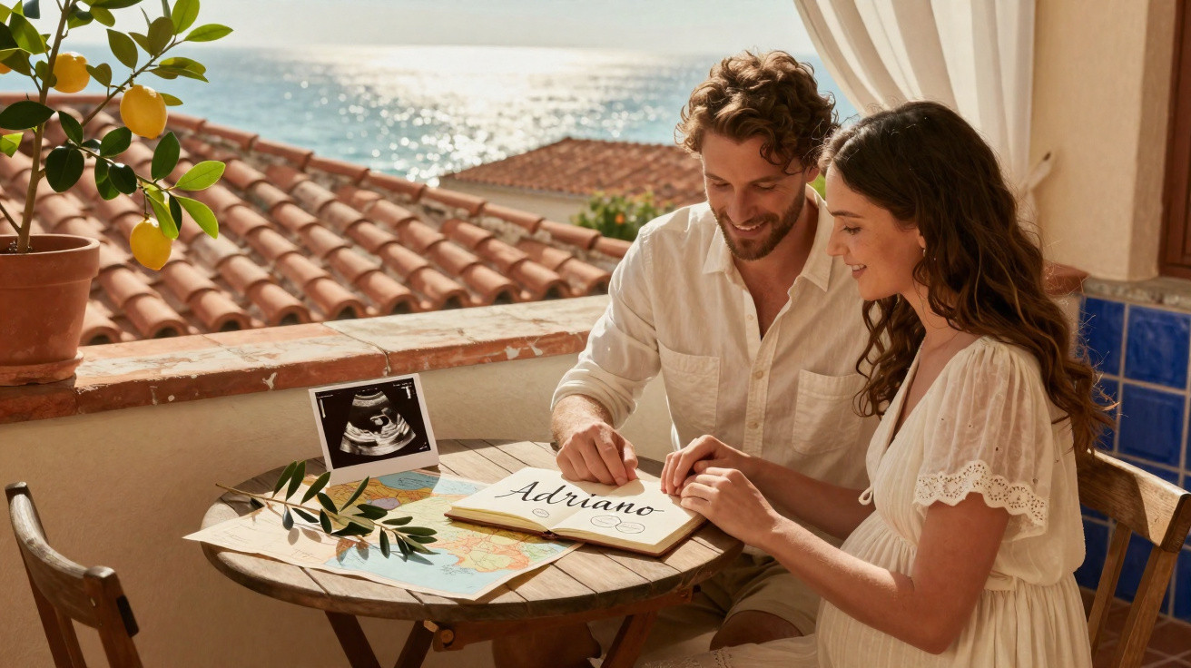 Casal feliz em varanda com mar ao fundo, escrevendo "Adriano" em caderno ao lado de ultrassom.