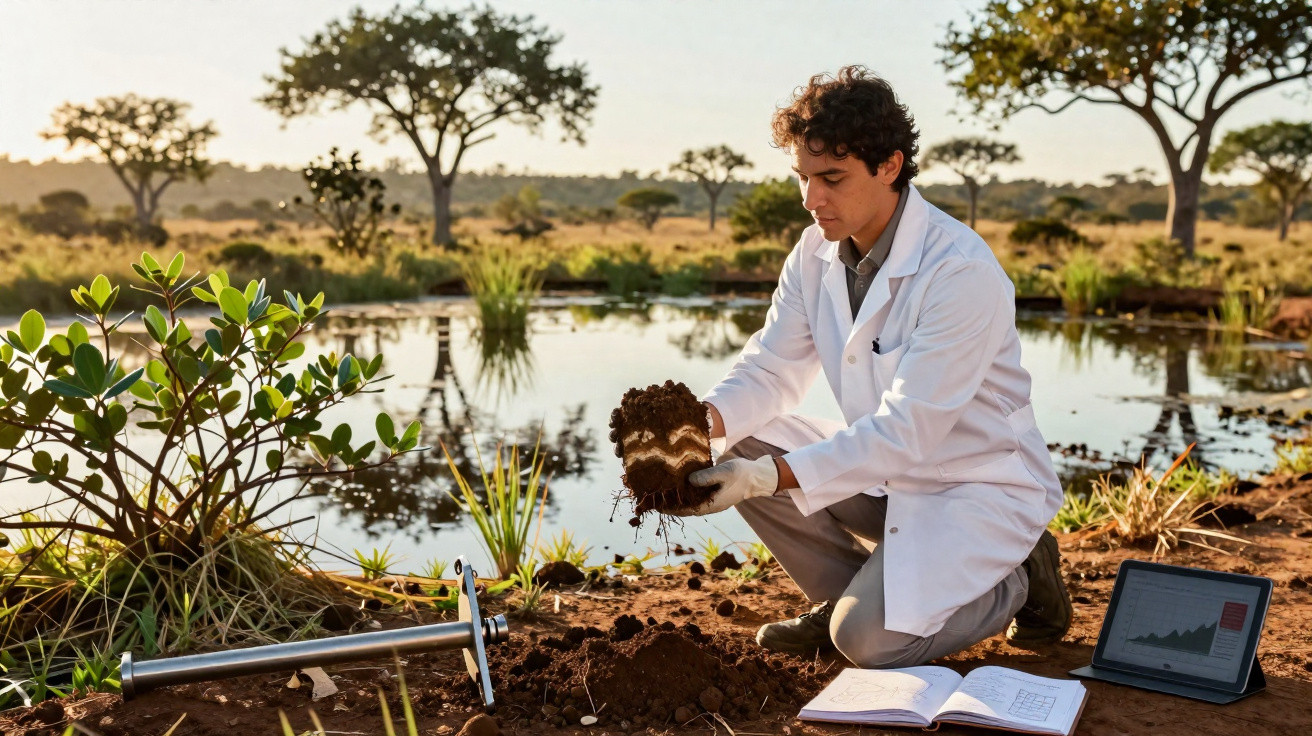 Jovem cientista com jaleco coleta amostra de solo em área natural próxima a lagoa ao pôr do sol.