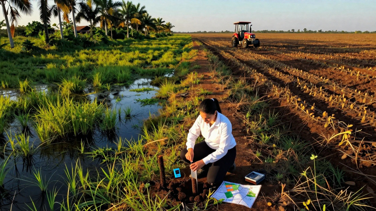 Mulher analisando amostra do solo em área rural ao lado de plantação e trator ao fundo.