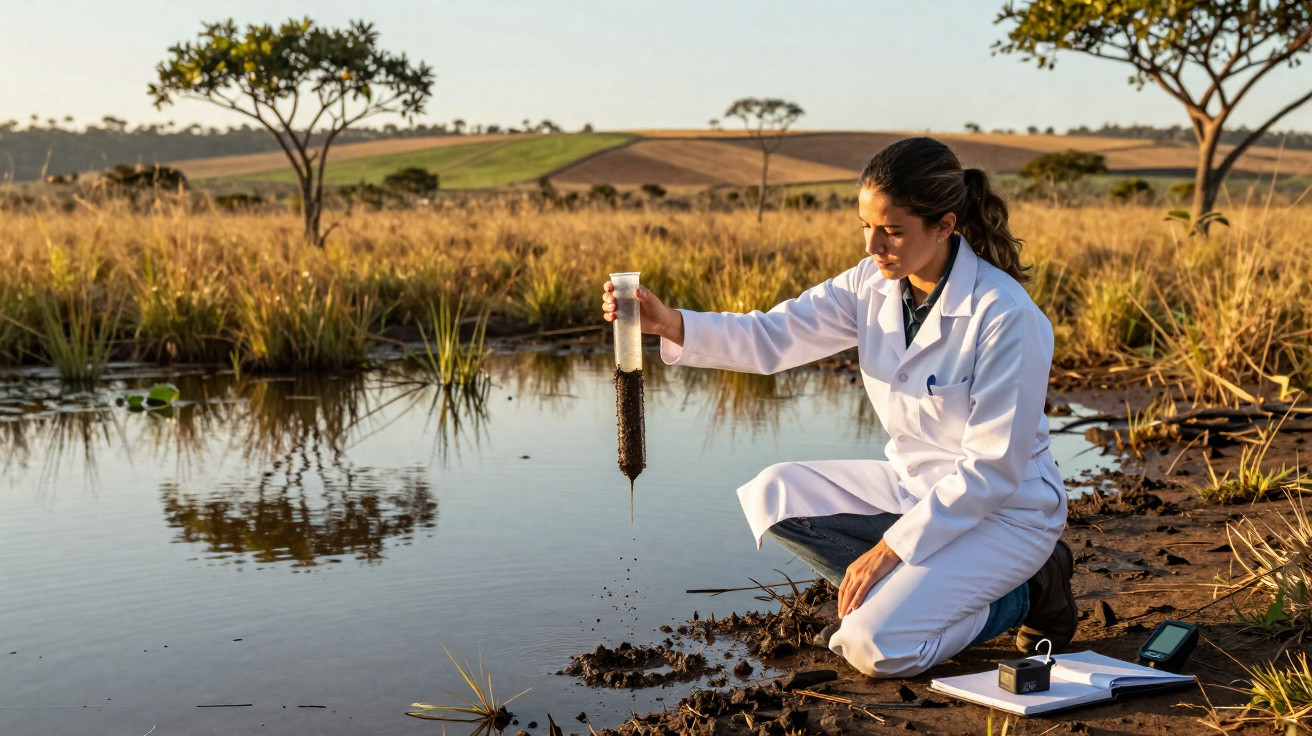 Mulher cientista coleta amostra de solo próximo a lagoa em área rural ensolarada.